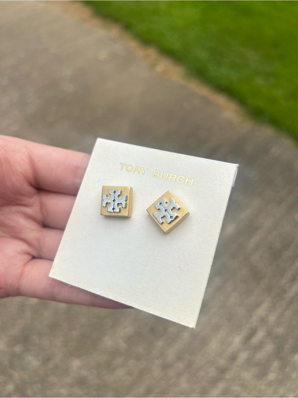 Tory Burch Two-Tone Gold and Silver Logo Square Stud Earrings